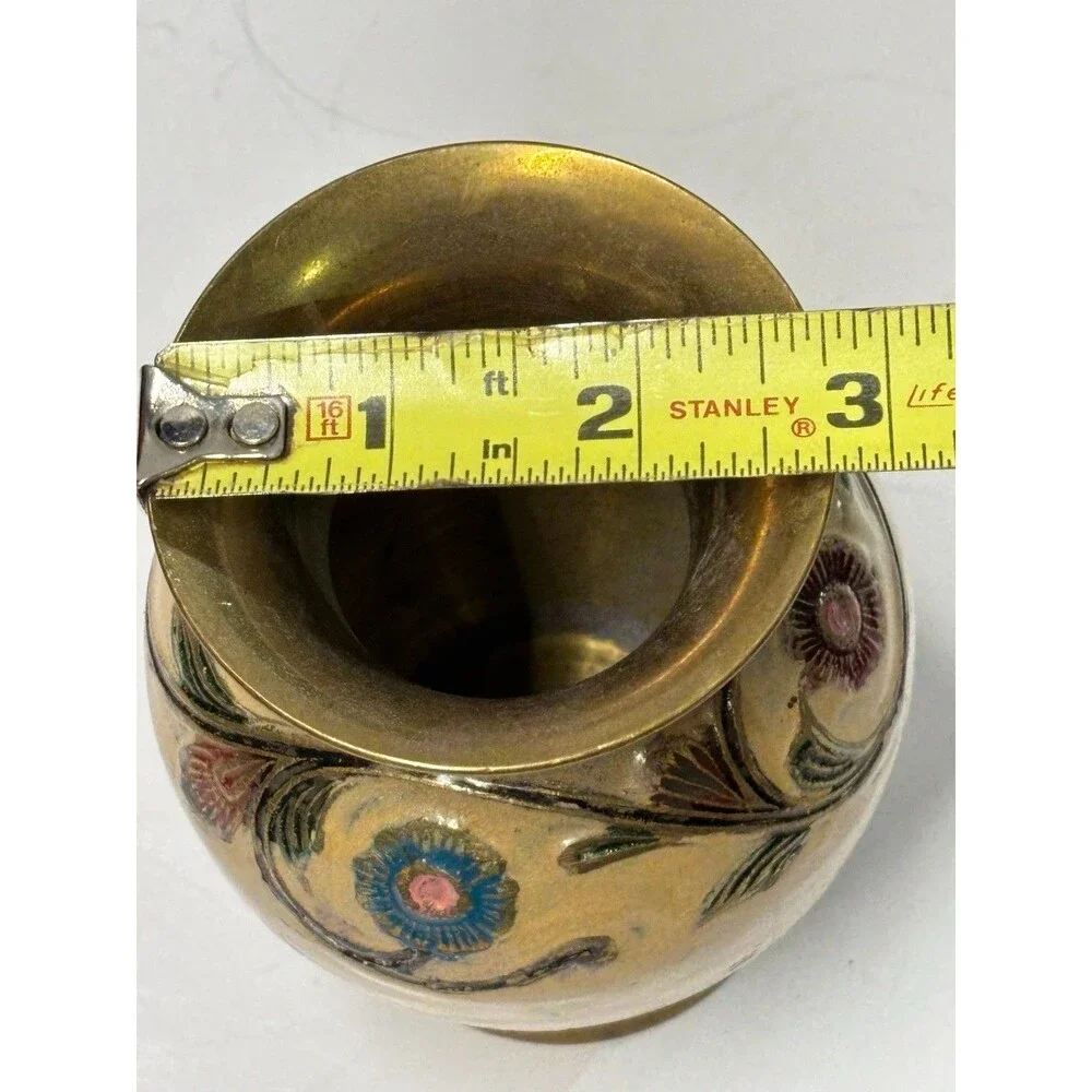 Vintage Brass Enamel Floral Vase Hand Painted India Etched Gold Tone 5